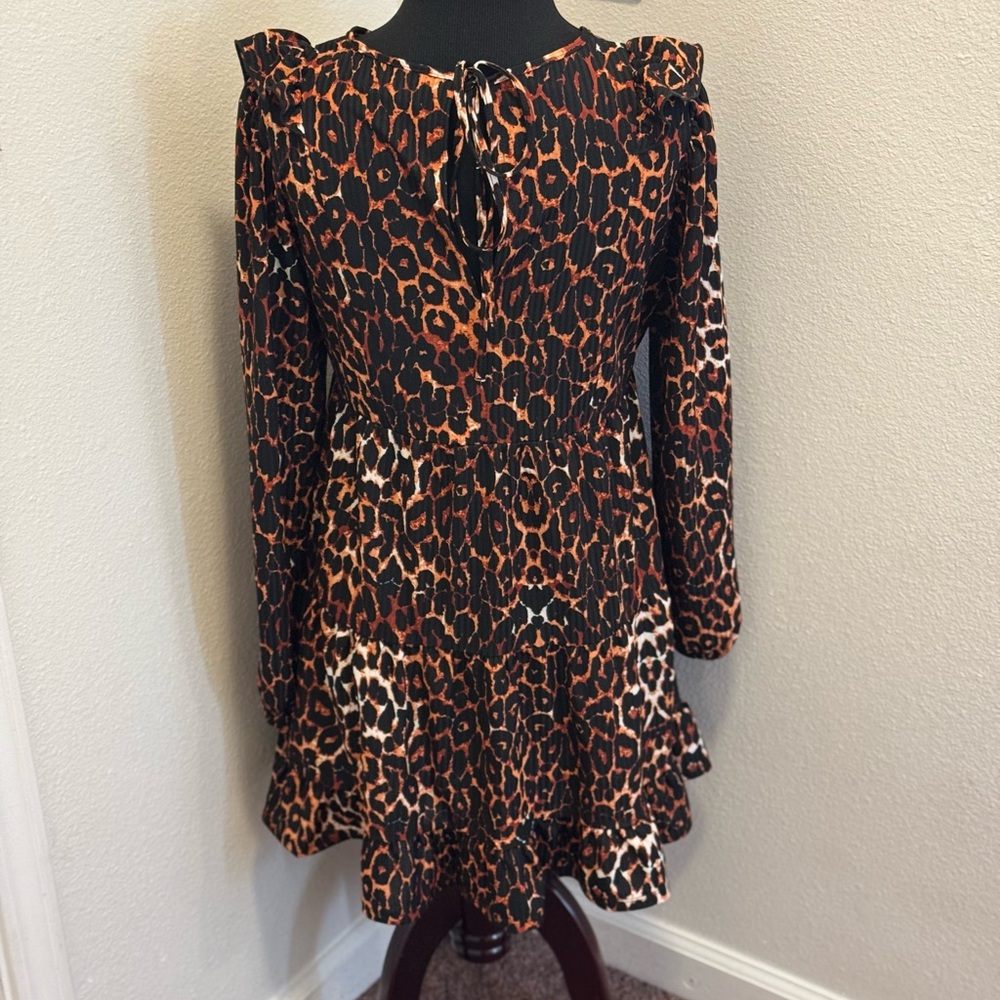 2 FOR $25ASOS DESIGN ANIMAL PRINT RUFFLE FRONT MINI DRESS LONG SLEEVE CHEETAH 8 - Picture 5 of 10